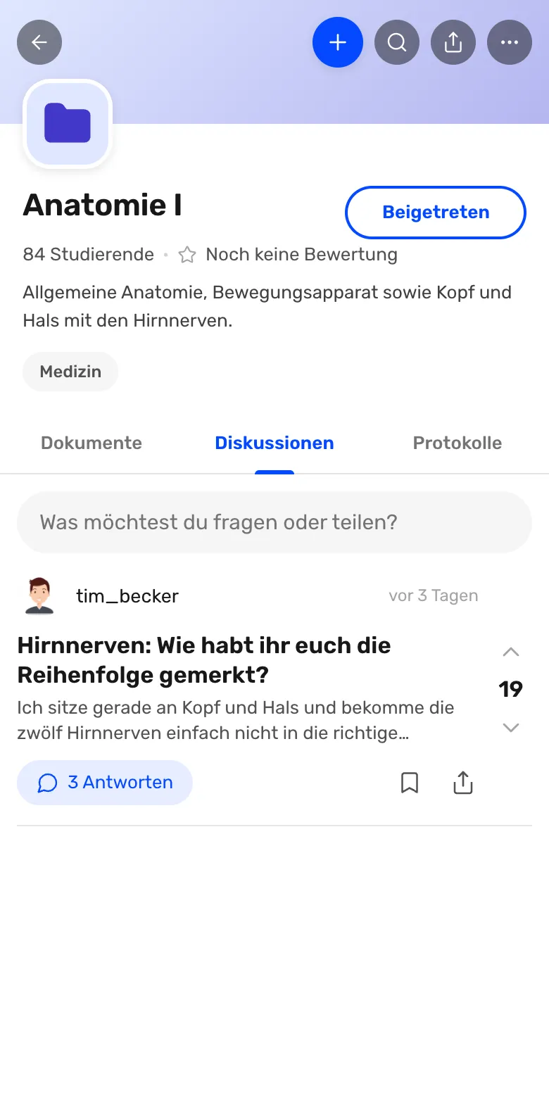 Anatomie I course, Discussions tab with the pinned question on the cranial nerves