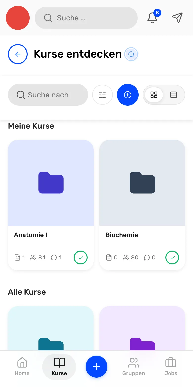 StudyClout course list: My courses with Anatomie I (anatomy) and Biochemie (biochemistry)